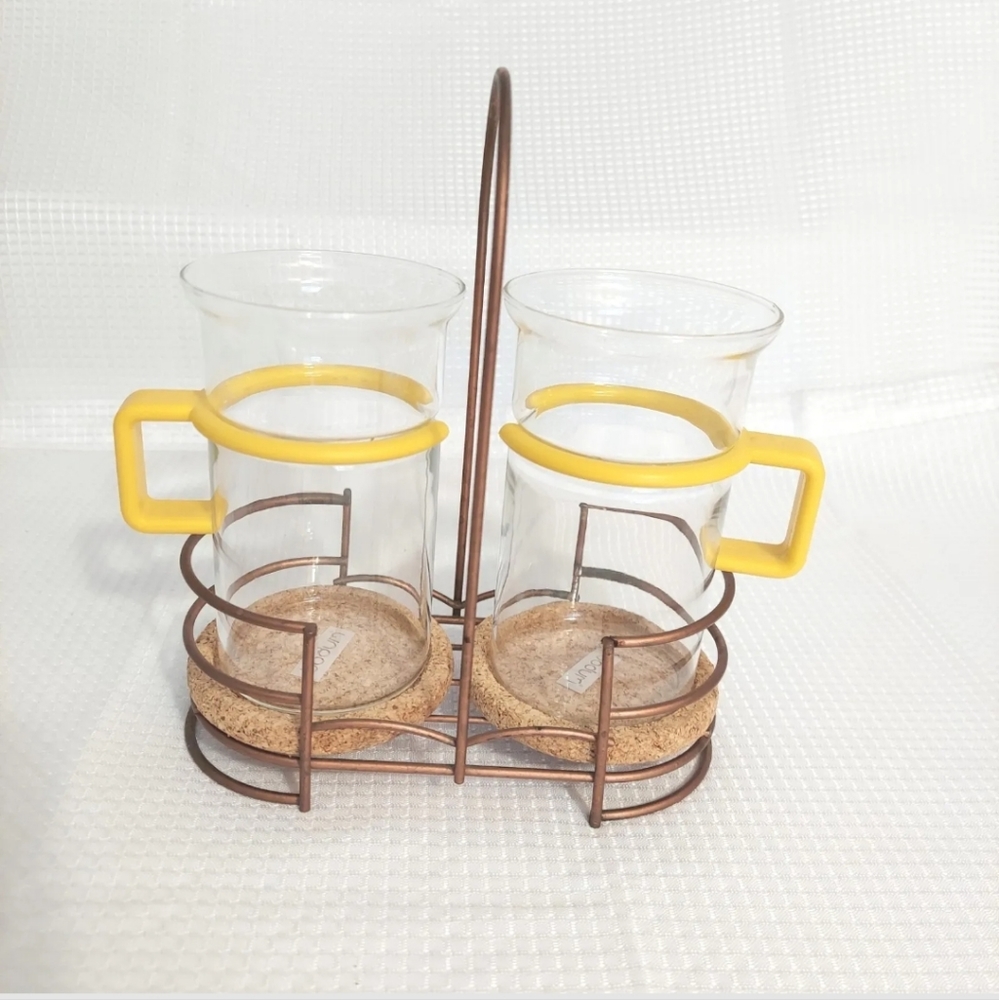 Vtg Bodum Drinking Glasses Wire Carrying Holder Removeable Handle Coaster Set